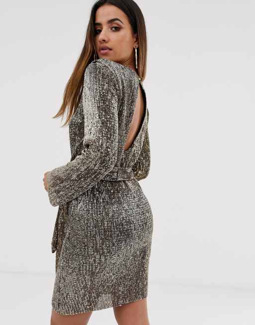 Luxe Black And Gold Sequin Plunge Wrap Mini Dress – Club L London