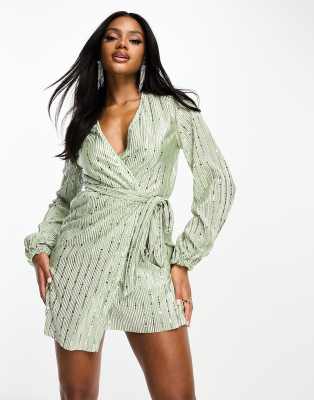 Club L London sequin plisse long sleeve wrap front mini dress in mint green