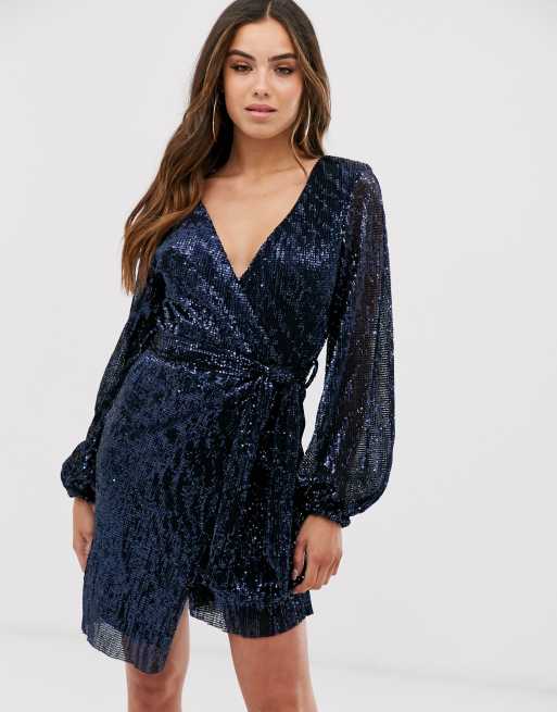 Club L London sequin plisse wrap front long sleeve midi dress ASOS
