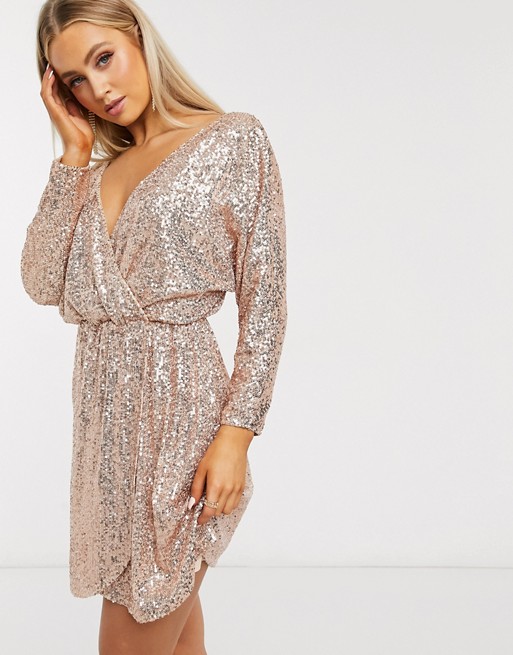 Club L London sequin plunge neck long sleeve mini dress in rose gold