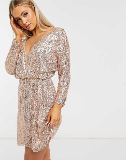 Ruched Sparkle Classic Front Wrap Rose Gold Long Sleeve Sequin Dress –  sunifty