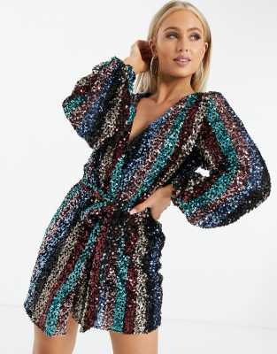 Rainbow sequin blouson store sleeve wrap dress