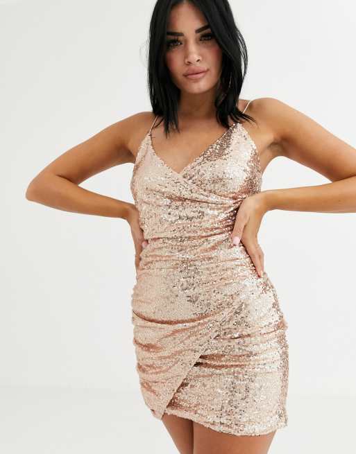 Club L London High Life | Rose Gold Sequin Square Neck Split Front Maxi Dress US 6 / Rose Gold