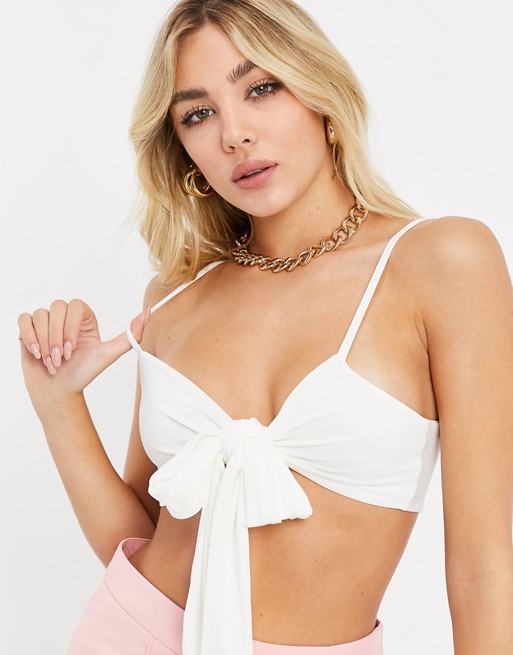Club L London sleeveless tie front crop top in white