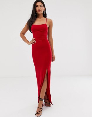 red thigh split maxi dress