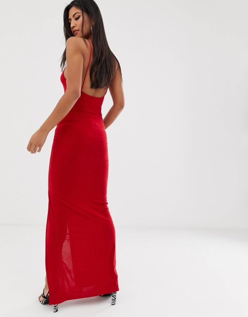 Club L Petite Red cami strap maxi dress with thigh split