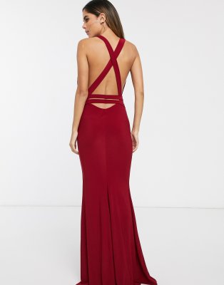 red strappy cross back fishtail maxi dress