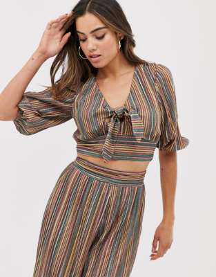 Club L London stripe plisse tie front top-Multi