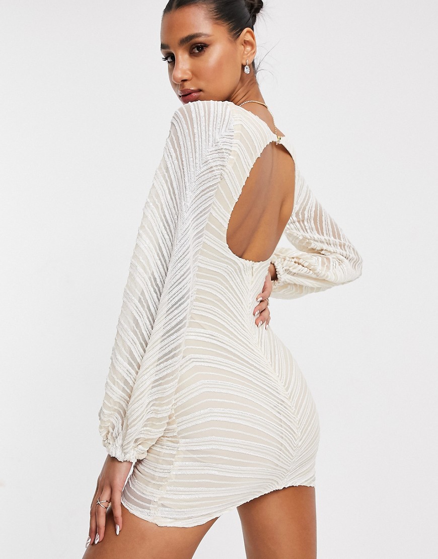 Club L London striped sequin gathered sleeve mini dress in ivory-White