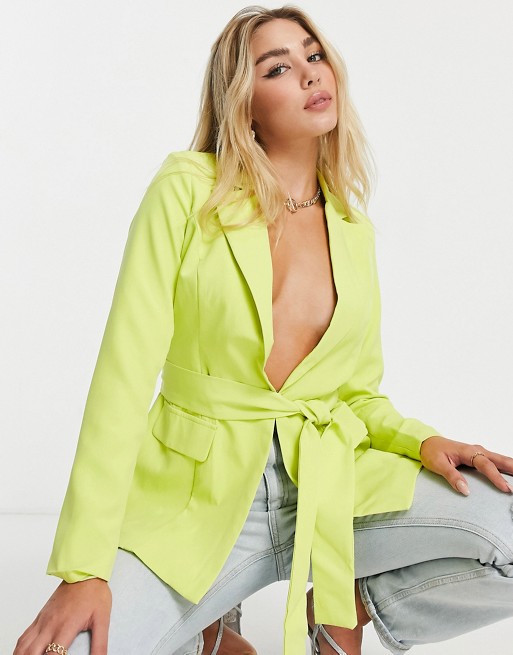 Club L London tailored belted wrap blazer in lime