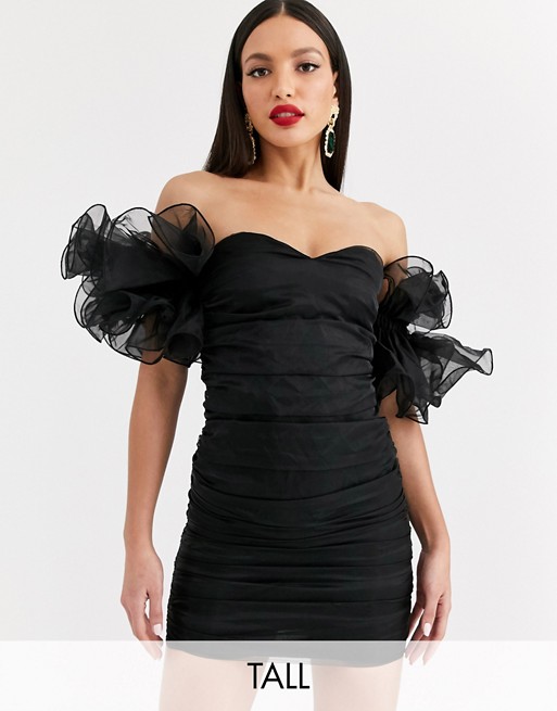 Club L London Tall extreme ruffle sleeve ruched mini bardot dress in black