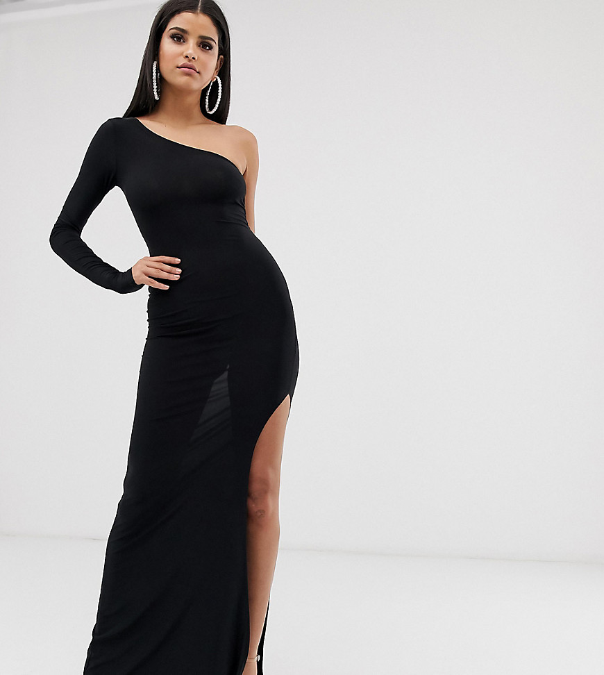 Club L London Tall - Lange jurk met blote schouder en dijhoge split in zwart