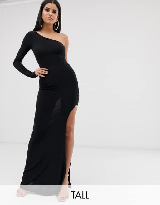 Club L London Tall one shoulder thigh split maxi dress in black