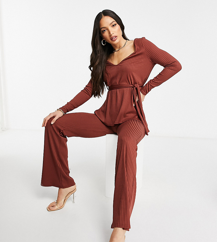 Club L London Tall ribbed flared pants set in burgundy