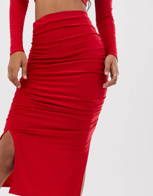 Ruched midi skirt red hotsell