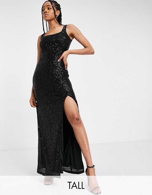 Club L London Tall sequin maxi dress with thigh split in black