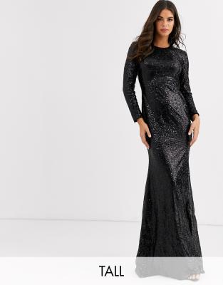 Club L London Tall Sequin Open Back Fishtail Maxi Dress In BlackGreen