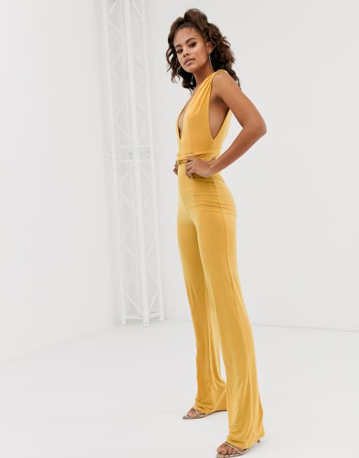 Club L London Tall soft touch plunge front jumpsuit in yellow ASOS