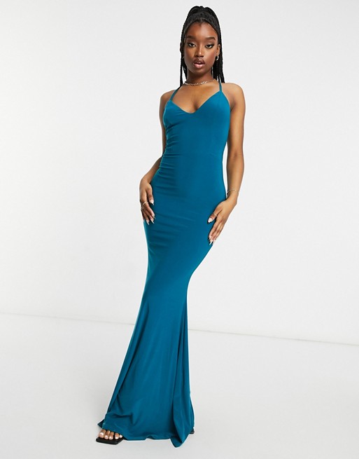 Club L London teal strappy tie back fishtail maxi dress in teal