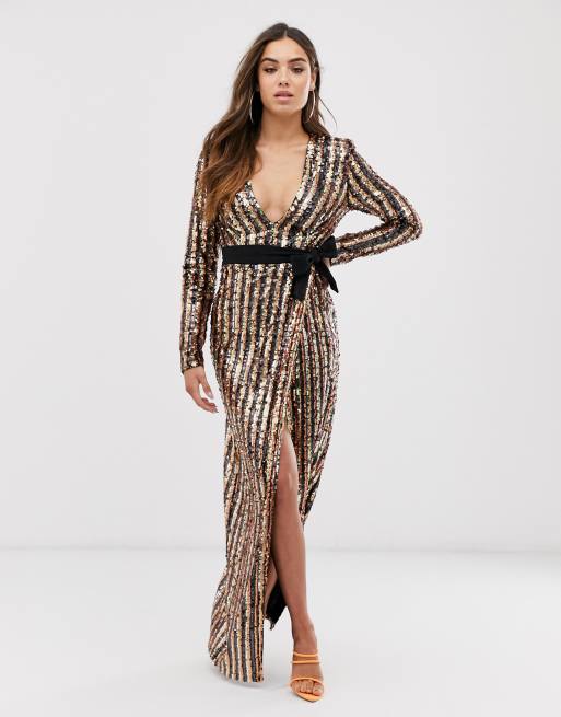 Club L London – Wickel-Maxikleid mit tiefem Ausschnitt und Paillettenstreifen