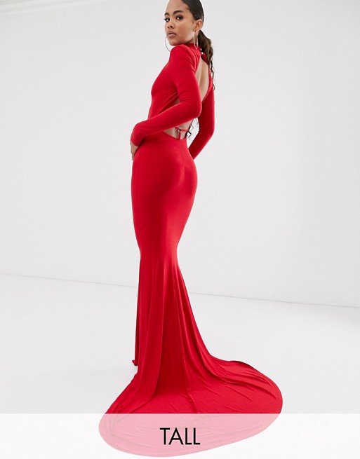 Club L LondonTall high neck long sleeve fishtail maxi dress with open back thong detail in red