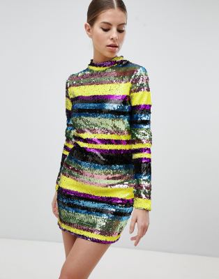 long sleeve rainbow sequin dress