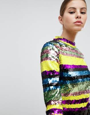 long sleeve rainbow sequin dress