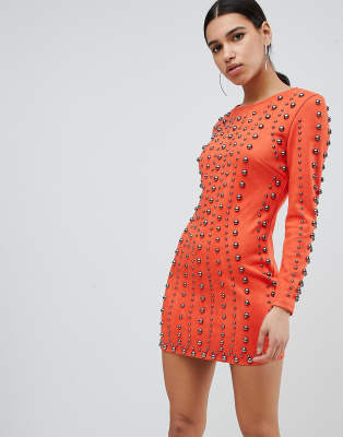 long sleeve studded bodycon dress