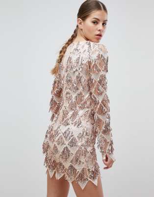 long sleeve sequin fringe dress