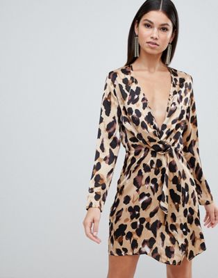 Club L long sleeve twist front leopard print dress-Multi