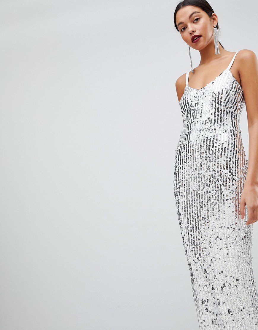 Club L Mermaid Silver Sequins Strappy Fishtail Detailed Maxi Dress