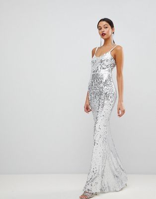 silver sequin long dress
