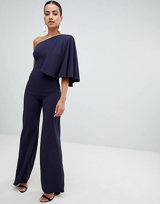 Club L one shoulder jumpsuit with cape sleeve