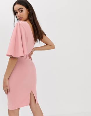 pink ruffle shoulder dress