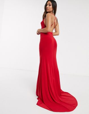 red strappy cross back fishtail maxi dress