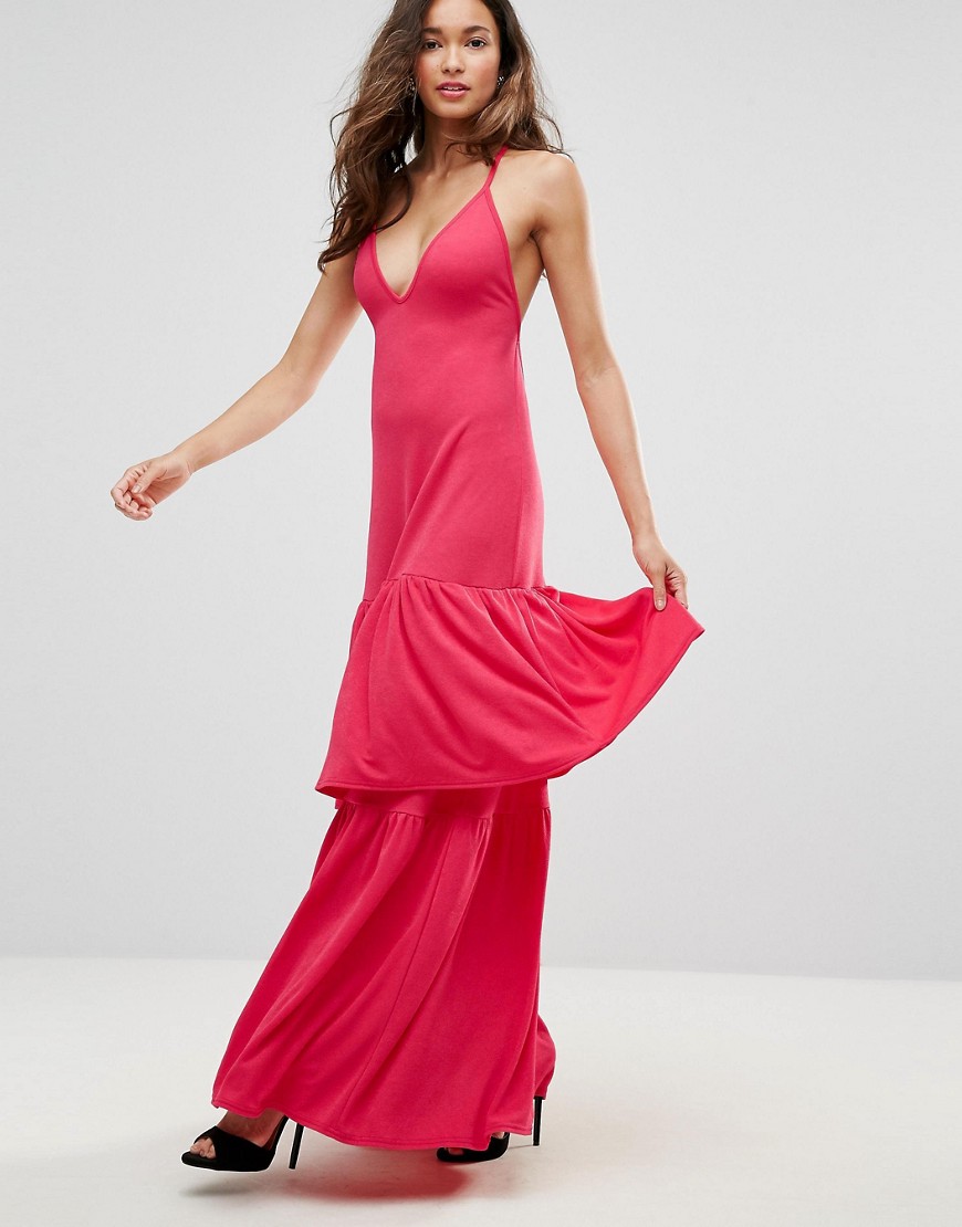 Club L Plunge Neck Ruffle Layer Detail Maxi Dress-Red