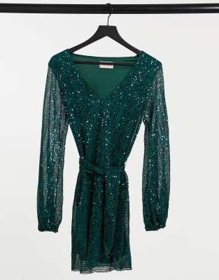 Club L plunge neck sequin mini dress in emerald green