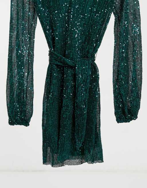 Club L plunge neck sequin mini dress in emerald green | ASOS