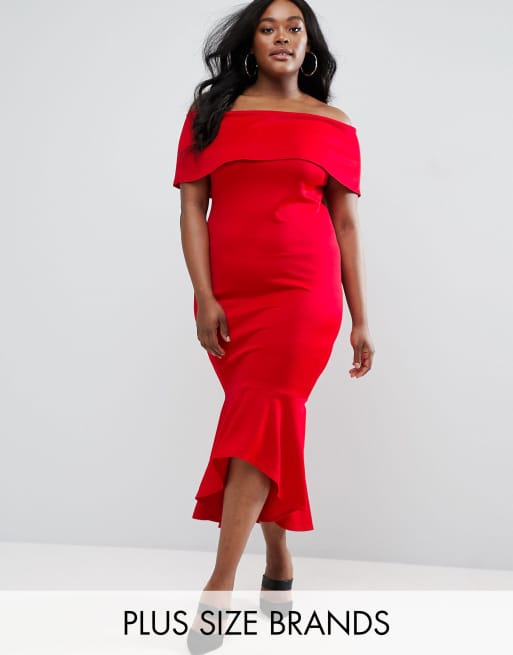 Red bardot frill hot sale hem midi dress