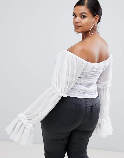 Club L Plus bardot pleated ruffle top in white