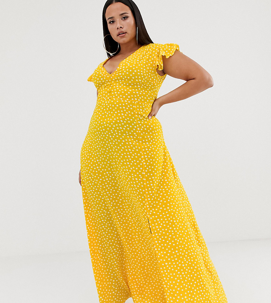 Club L Plus button through short sleeve maxi dress in polka dot print-Yellow
