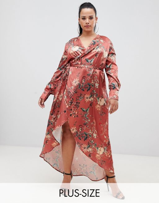 Plus red printed satin long sleeve wrap clearance dress