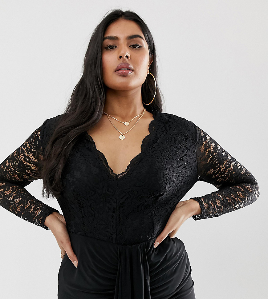 Club L Plus long sleeve lace body with lined body-Black