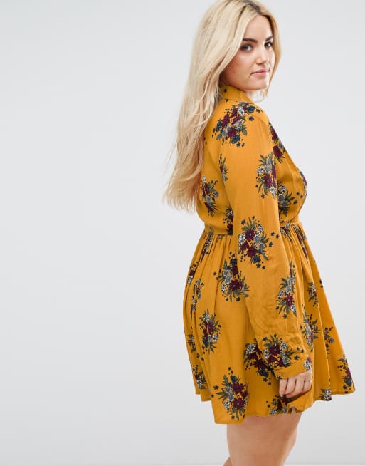 Club L Plus Mustard Printed Floral Day Dress With Collared Detail and Long  Sleeves. | ASOS