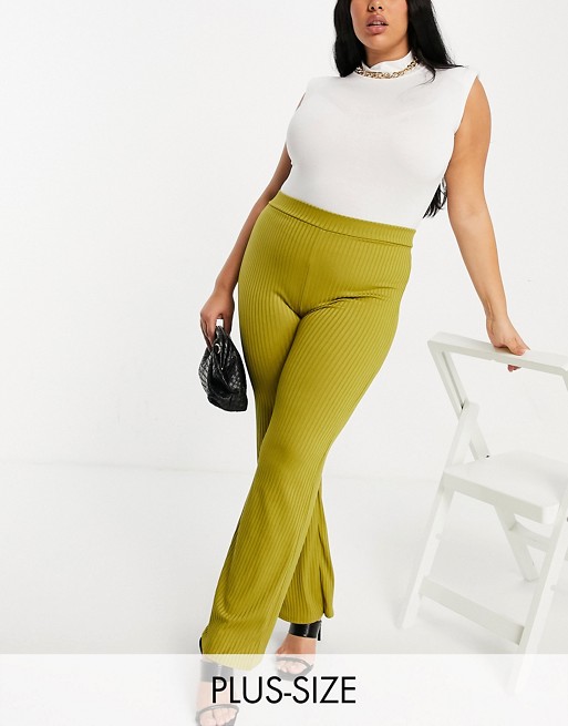 Club L London Plus ribbed flared trousers in green co-ord