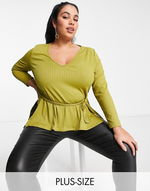 Club L London Plus ribbed plunge neck top in green co-ord