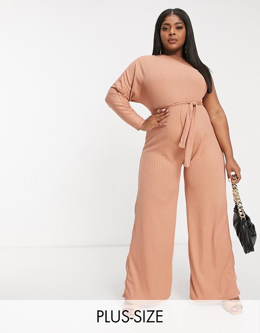 Club L Plus ribbed one shoulder jumpsuit in pink