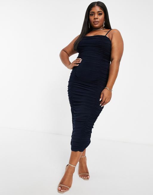 Navy ruched hot sale midi dress