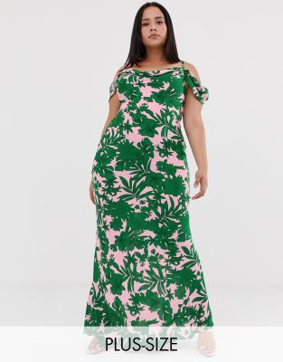 Club L Plus - Maxikleid mit Tropenmuster und Wasserfallausschnitt - Mehrfarbig