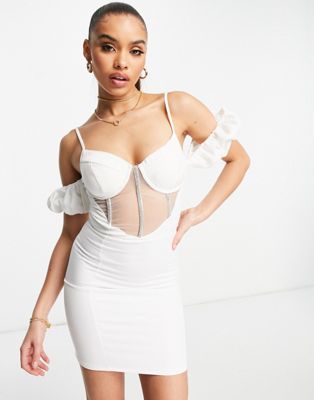 Club L premium sheer bodice mini dress with puff sleeve detail in white